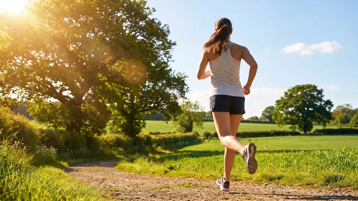 Biegaczka na polnej ścieżce w słońcu podczas treningu fartlek ze zmianą tempa
